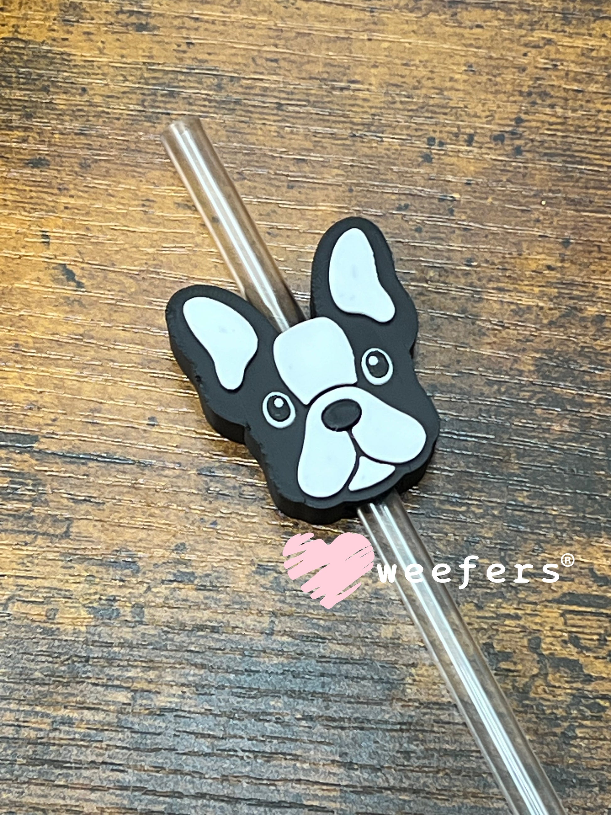 Straw Topper Buddy - Frenchie Dog Head Black and White Weefers