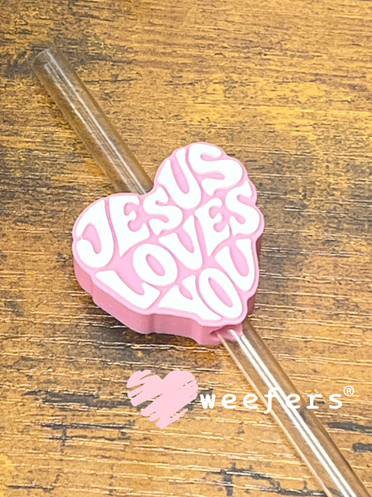 Straw Topper Buddy - Jesus Loves You Pink Heart Weefers