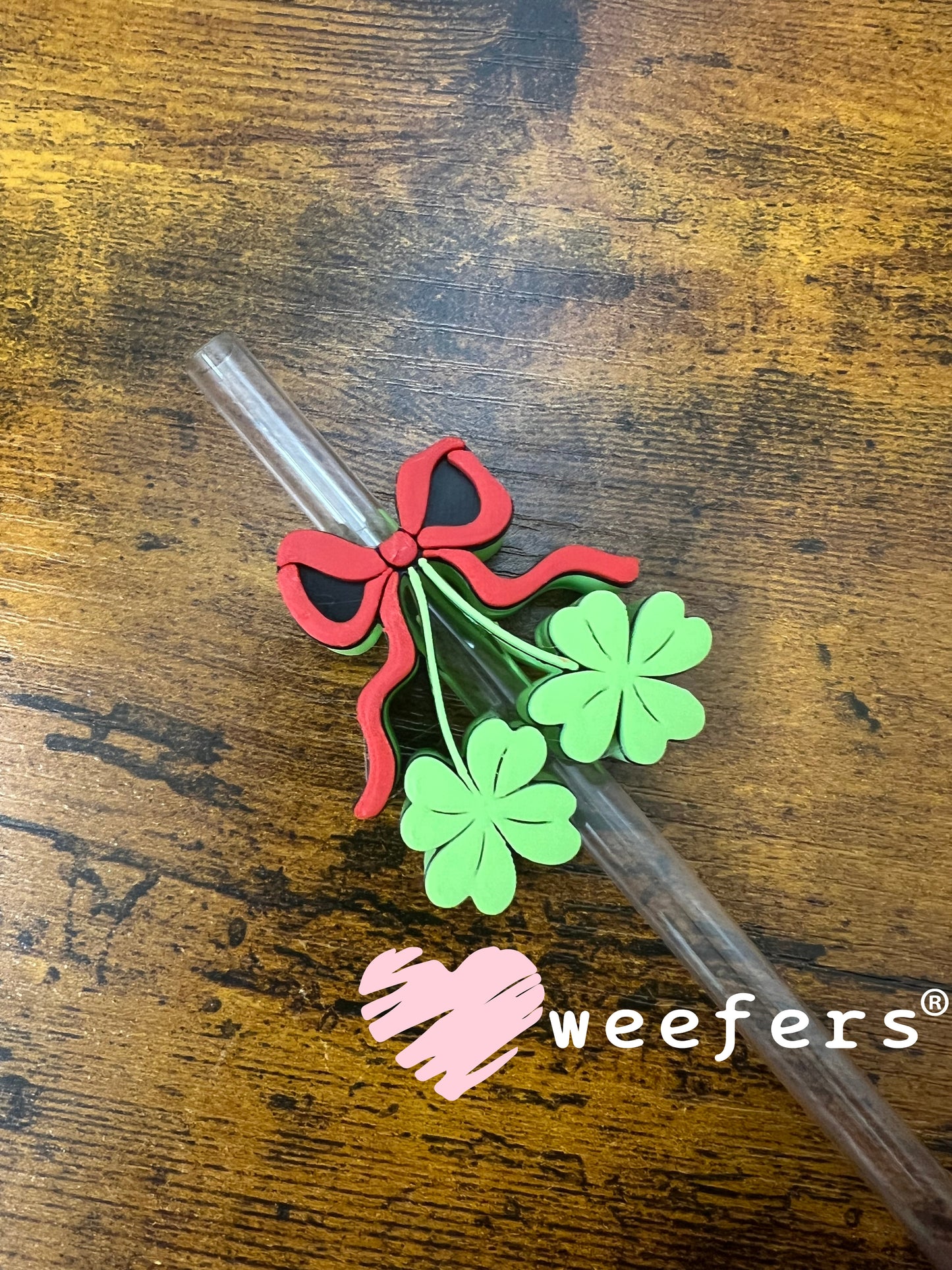 Straw Topper Buddy - Red Green Cherry Clovers St. Patrick's Day Weefers