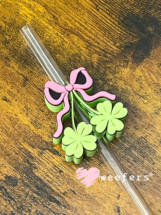 Straw Topper Buddy - Pink Bow and Lime Green Clover Cherries