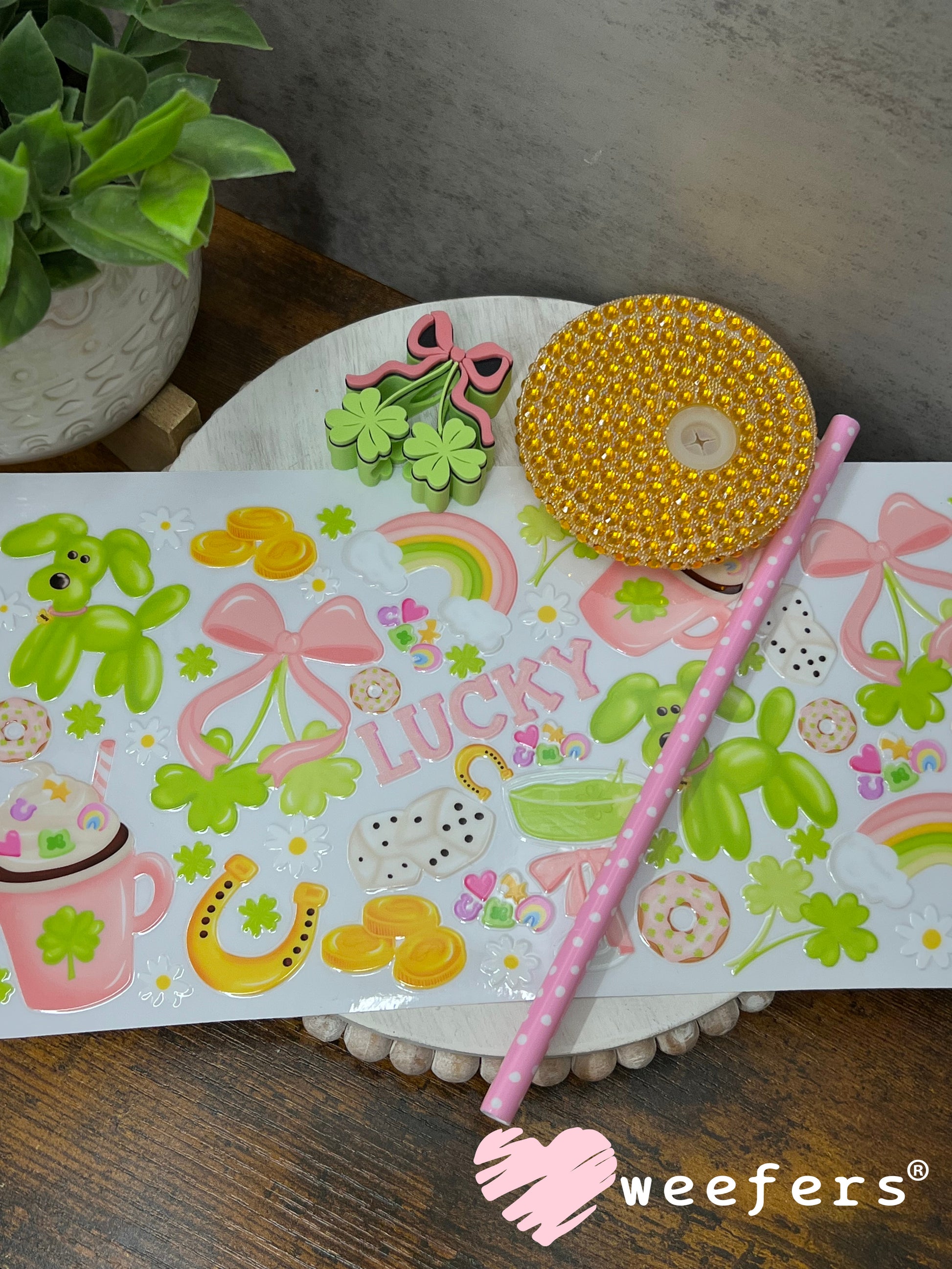 UV DTF Cup Wrap – Lucky Green and Pink Balloon Dog Weefers