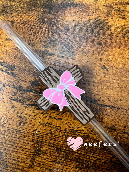Straw Topper Buddy - Faux Wood Cross Pink Bow (Fits both 8mm and 10mm straws) Weefers