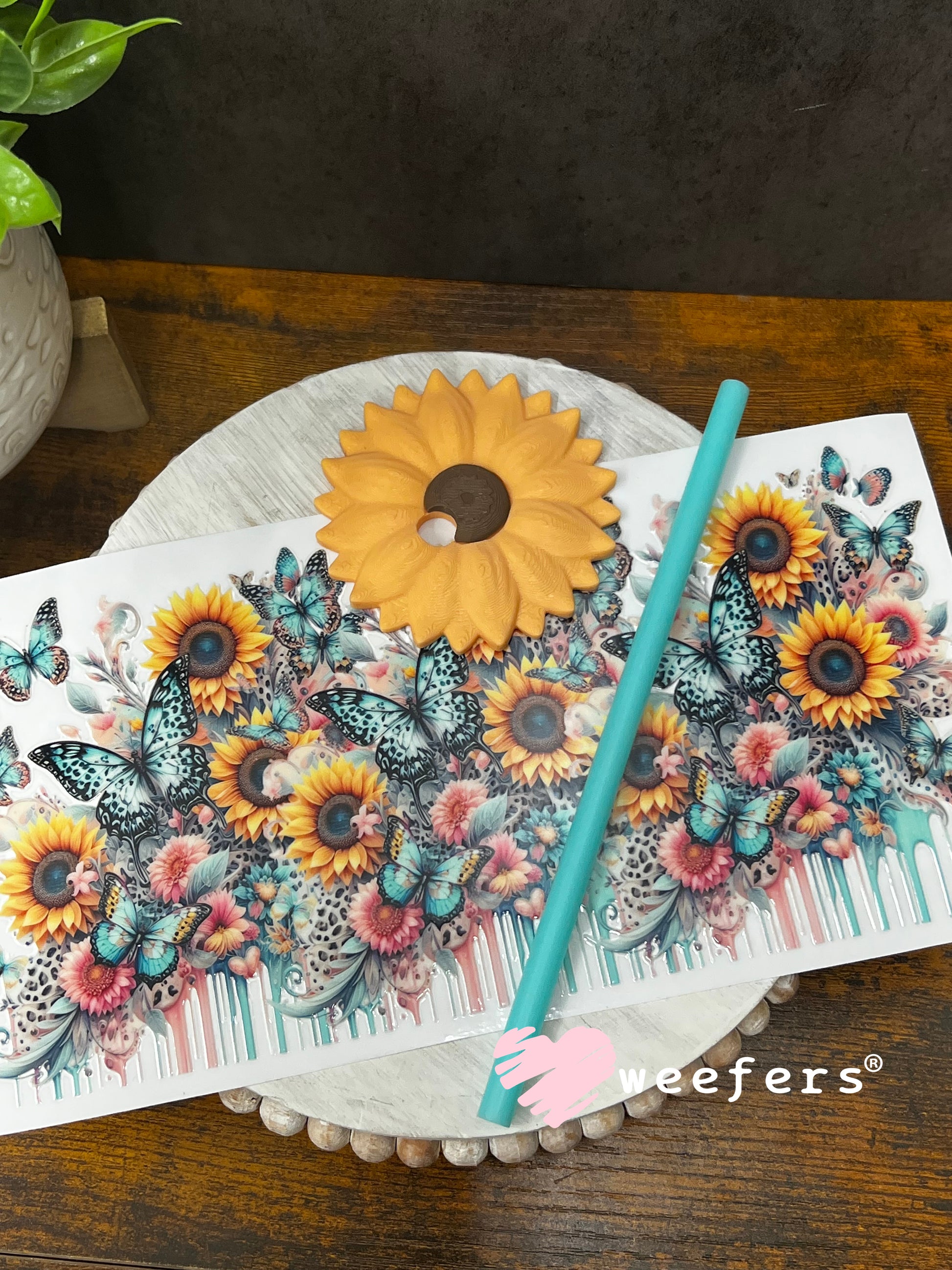 UV DTF Cup Wrap – Teal Pink Butterflies and Sunflowers Weefers