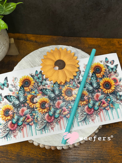 UV DTF Cup Wrap – Teal Pink Butterflies and Sunflowers Weefers