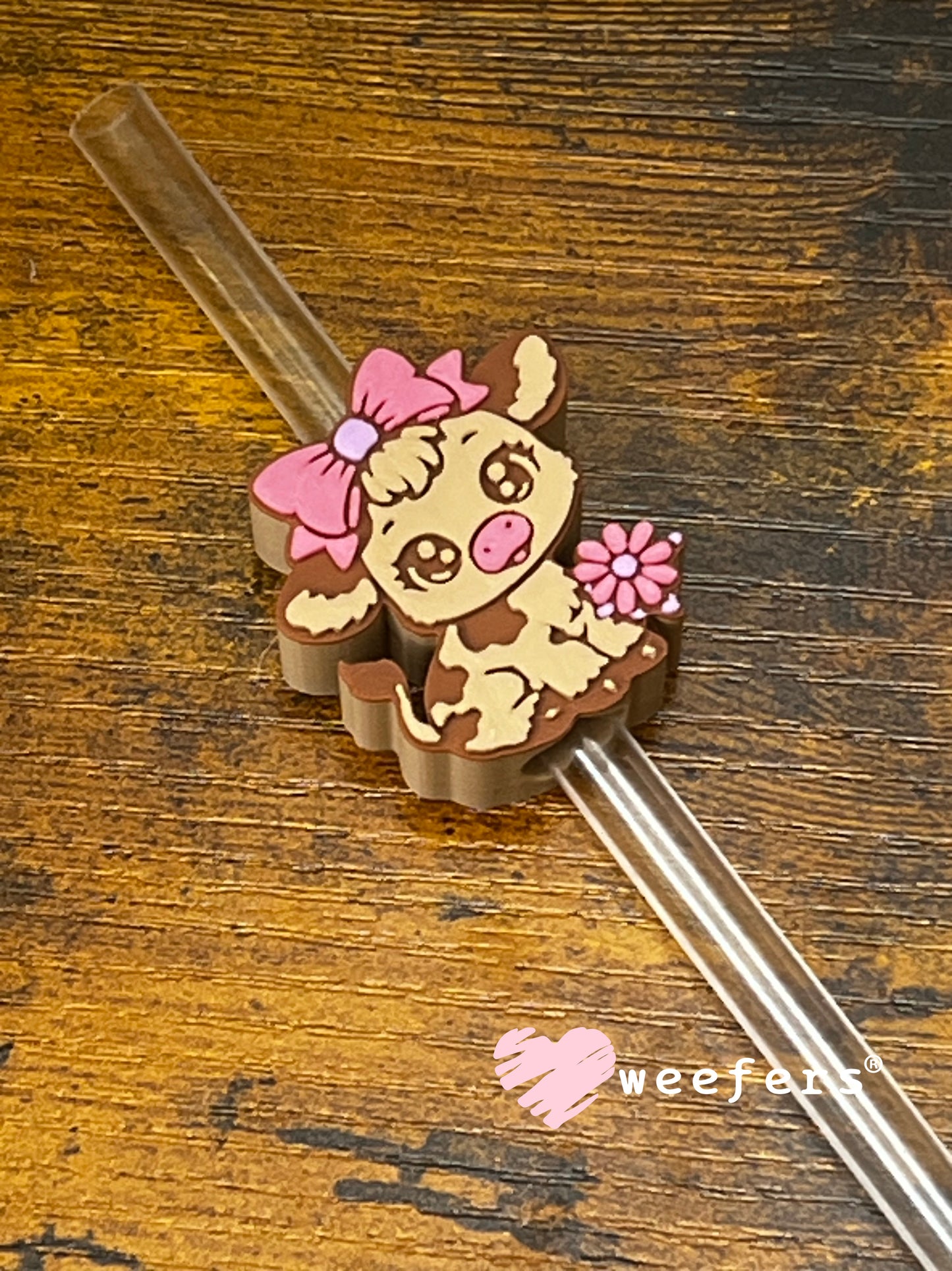 Straw Topper Buddy - Brown Pink Lilac Cow (Fits both 8mm and 10mm straws) Weefers