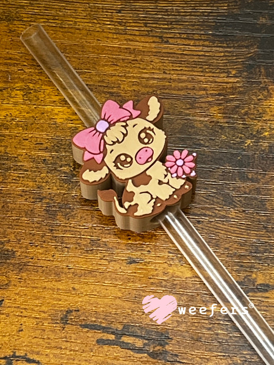 Straw Topper Buddy - Brown Pink Lilac Cow (Fits both 8mm and 10mm straws)