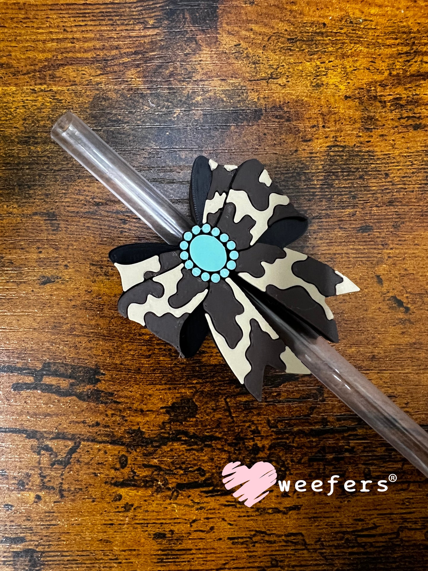 Straw Topper Buddy - Brown and Tan Cow Print with Jewel (Fits both 8mm and 10mm straws) Weefers