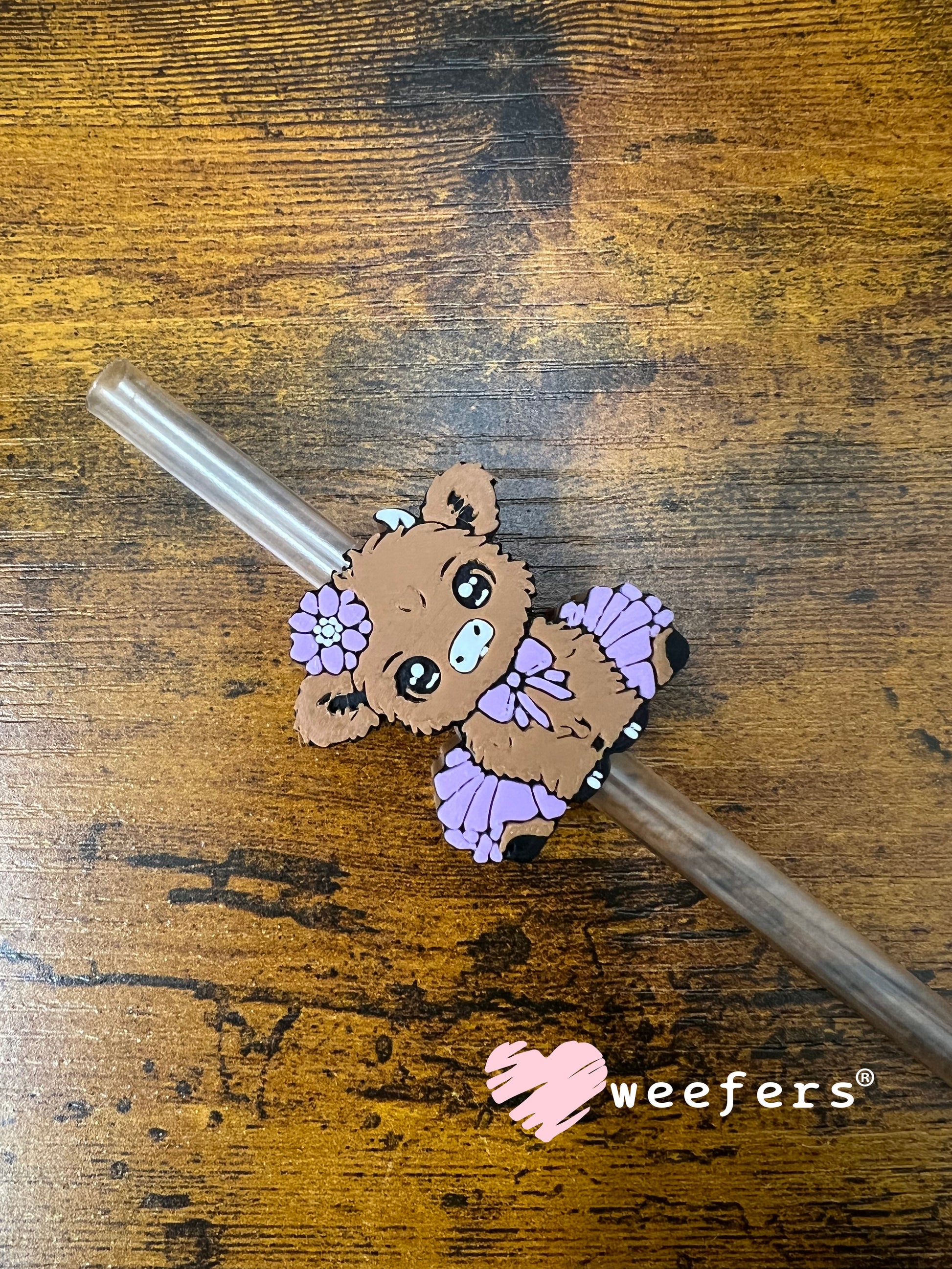Straw Topper Buddy - Brown Cow Purple Tutu (Fits both 8mm and 10mm straws) Weefers