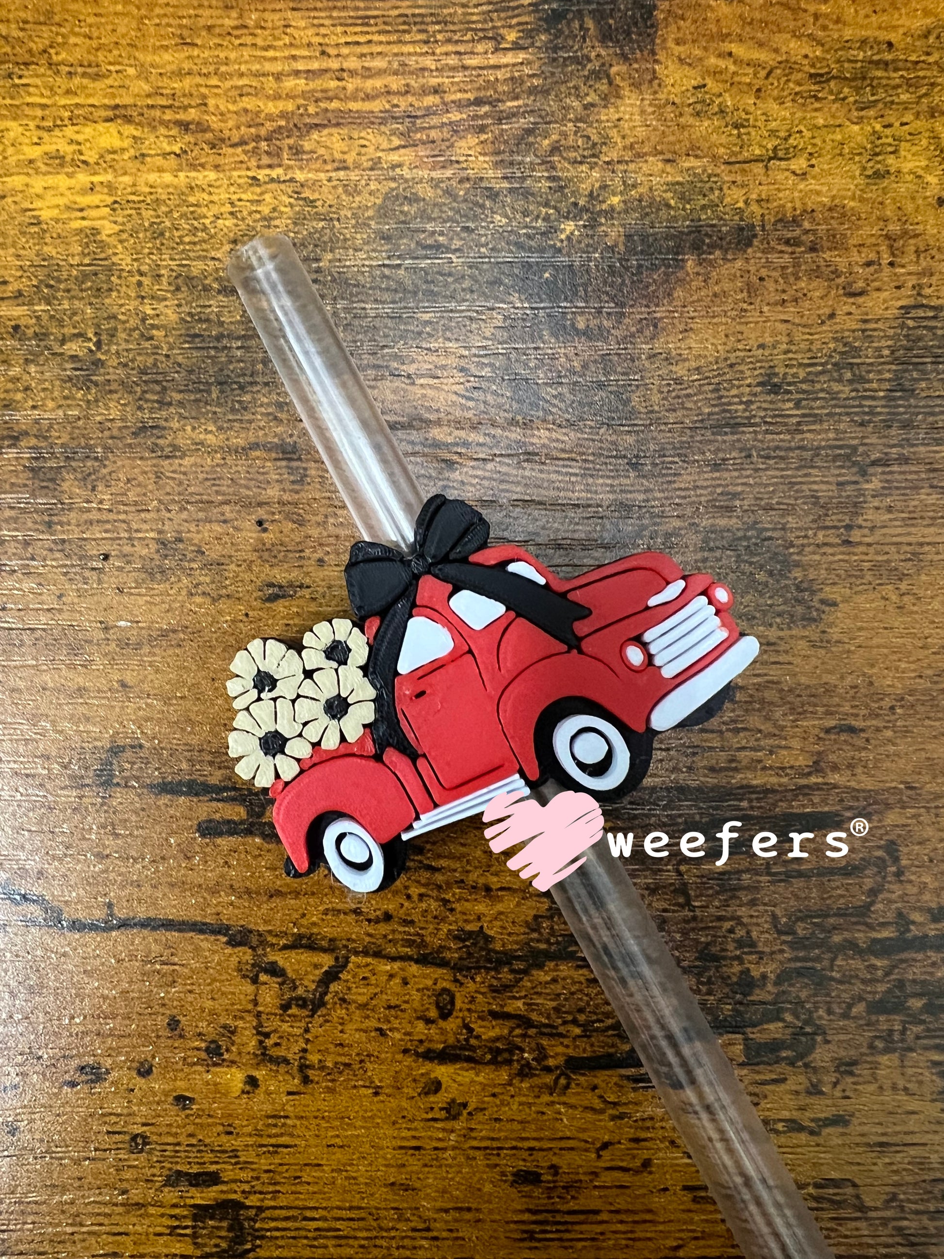 Straw Topper Buddy - Classic Red Truck Tan Flowers (Fits both 8mm and 10mm straws) Weefers