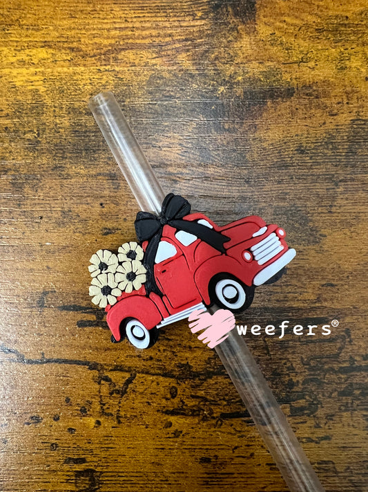 Straw Topper Buddy - Classic Red Truck Tan Flowers (Fits both 8mm and 10mm straws) Weefers