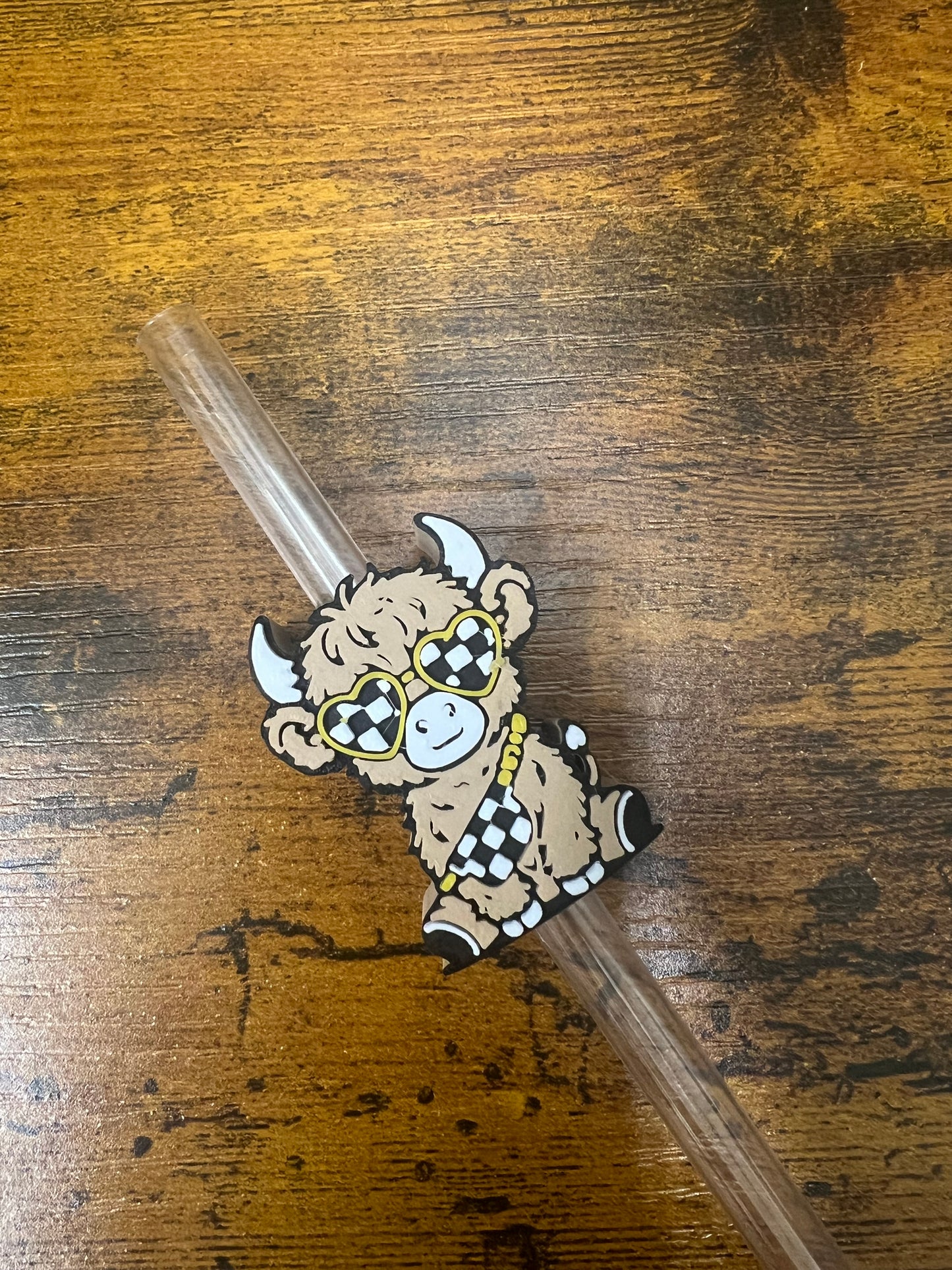 Straw Topper Buddy - Checkered Highland Cow Black and Yellow (fits both 8mm and 10mm Straws) Weefers