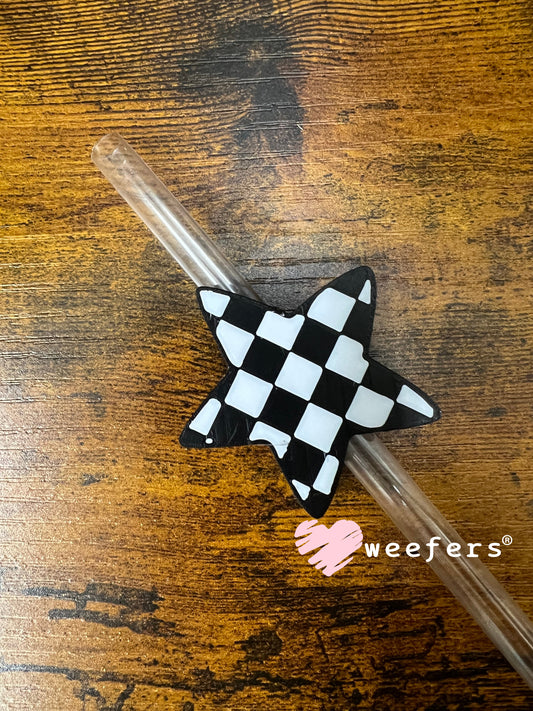 Straw Topper Buddy - Checkered Black and White Star ver 2 (Fits both 8mm and 10mm straws)