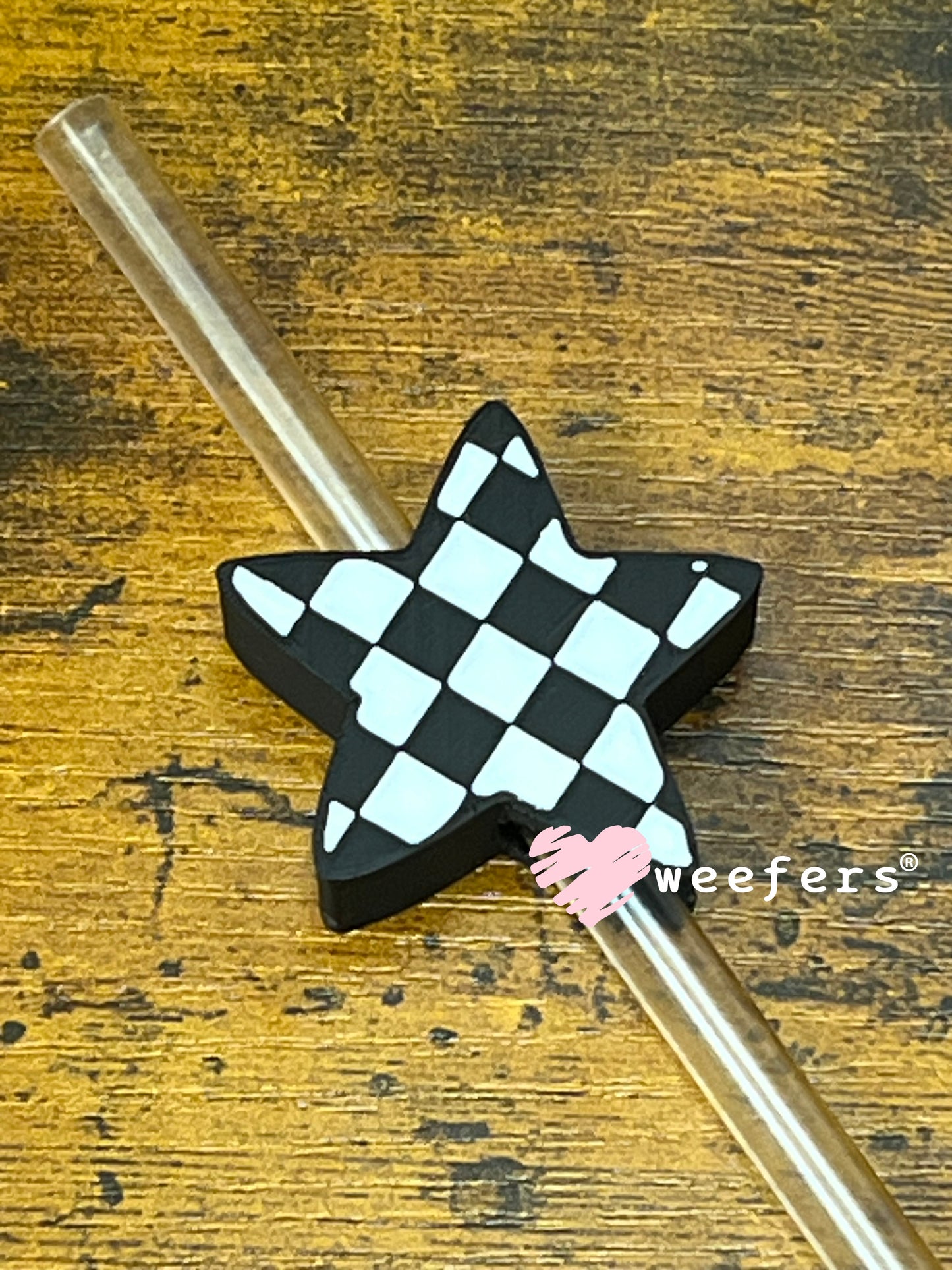 Straw Topper Buddy - Black and White Checkered Star (Fits both 8mm and 10mm straws) Weefers