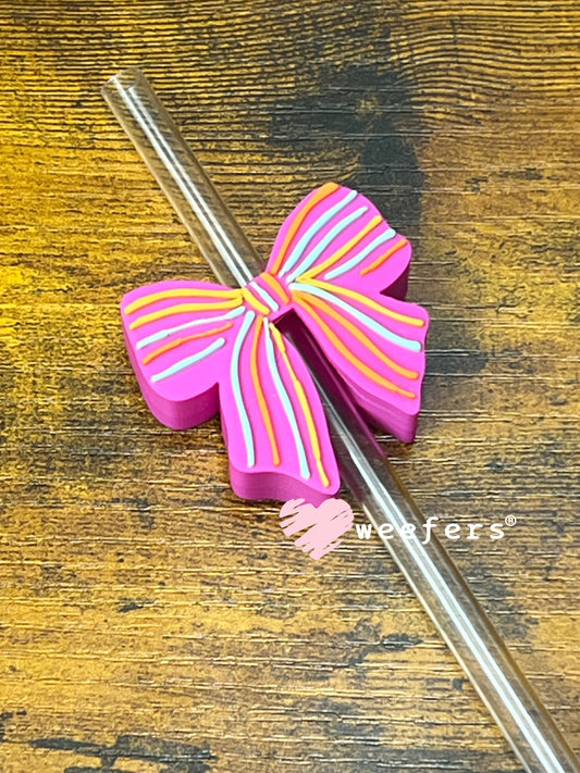 Straw Topper Buddy - Magenta Striped Bow (Fits both 8mm and 10mm straws) Weefers