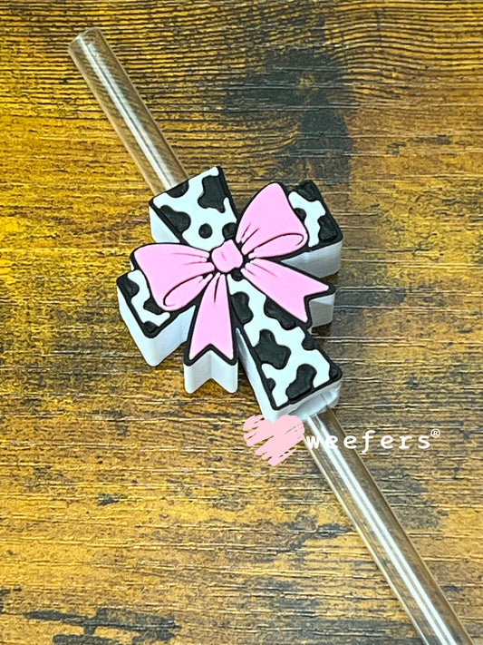 Straw Topper Buddy - Cross Cow Print Pink Bow (Fits both 8mm and 10mm straws) Weefers