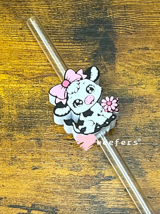 Straw Topper Buddy - Black and White Cow Pink Bow (Fits both 8mm and 10mm straws) Weefers