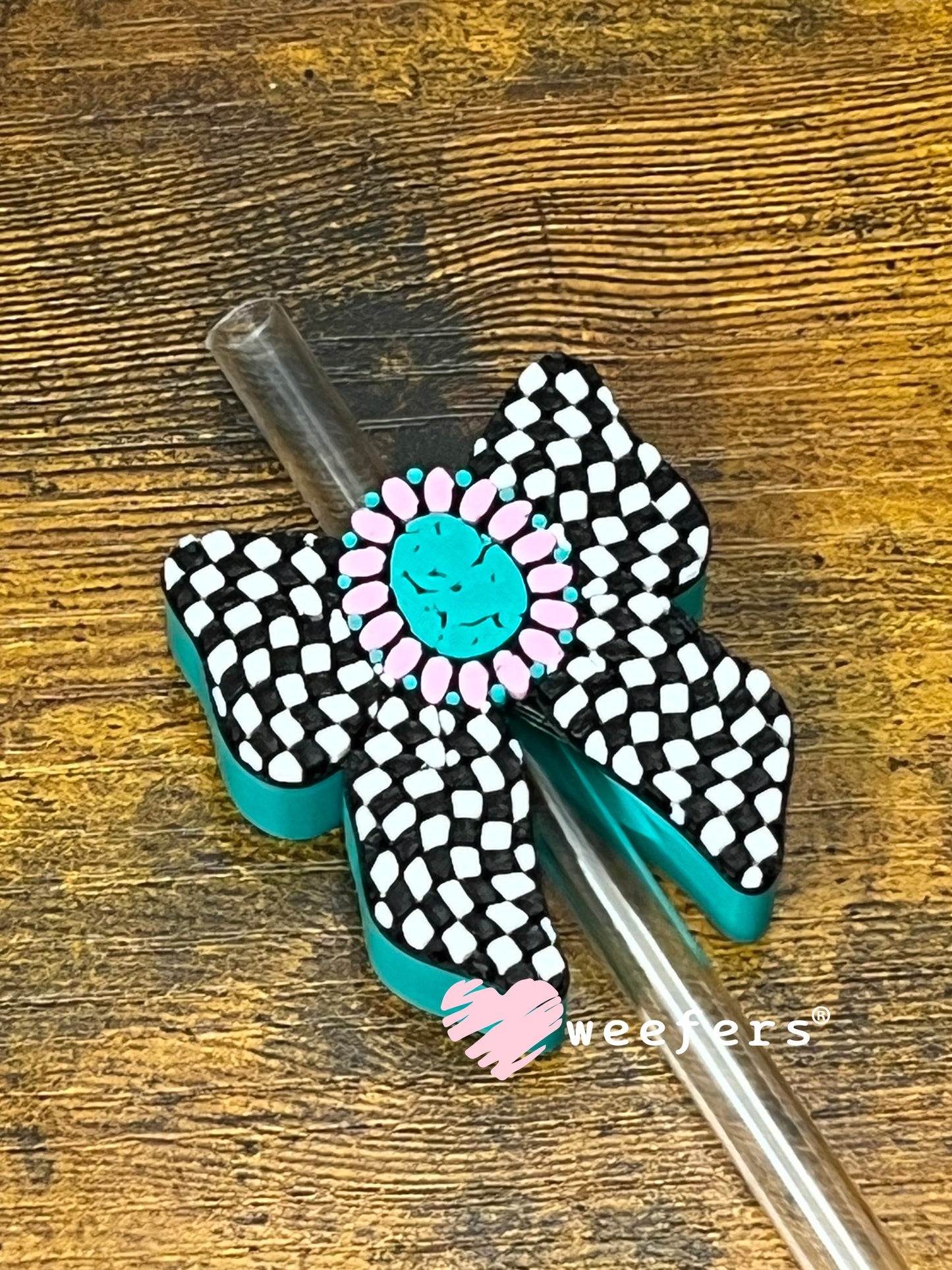 Straw Topper Buddy - Turquoise Pink Western Checkered Bow (Fits both 8mm and 10mm straws) Weefers