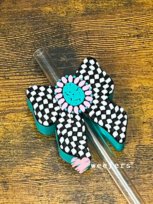 Straw Topper Buddy - Turquoise Pink Western Checkered Bow (Fits both 8mm and 10mm straws) Weefers