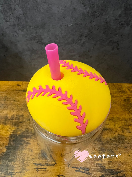 Lid Topper Buddy - Softball Yellow Pink (fits 16oz Glass Cups) Weefers