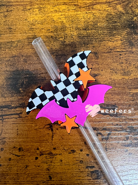 Checkered Double Bat Orange Hot Pink - Straw Topper Buddy (Fits both 8mm and 10mm straws)