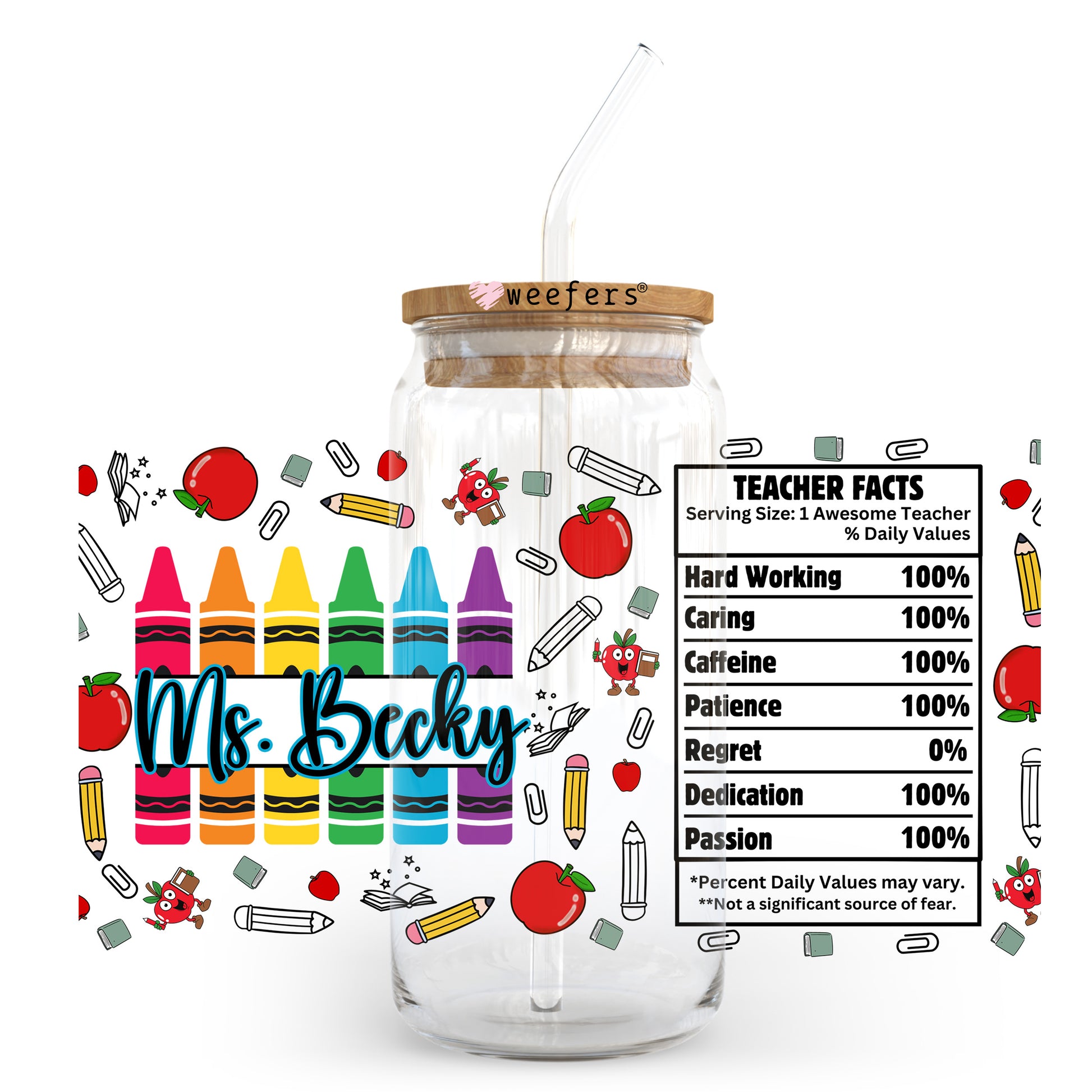 Custom Teacher Name 16oz or 20oz Libbey Glass Can UV DTF or Sublimation Cup Wrap Transfer - Weefers