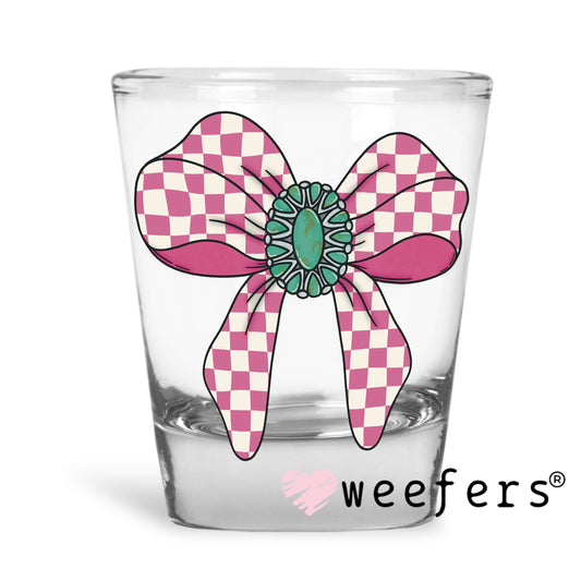 Pink Checkered Bow Turquoise UV DTF Decal Shot Glass Heavy Base Weefers