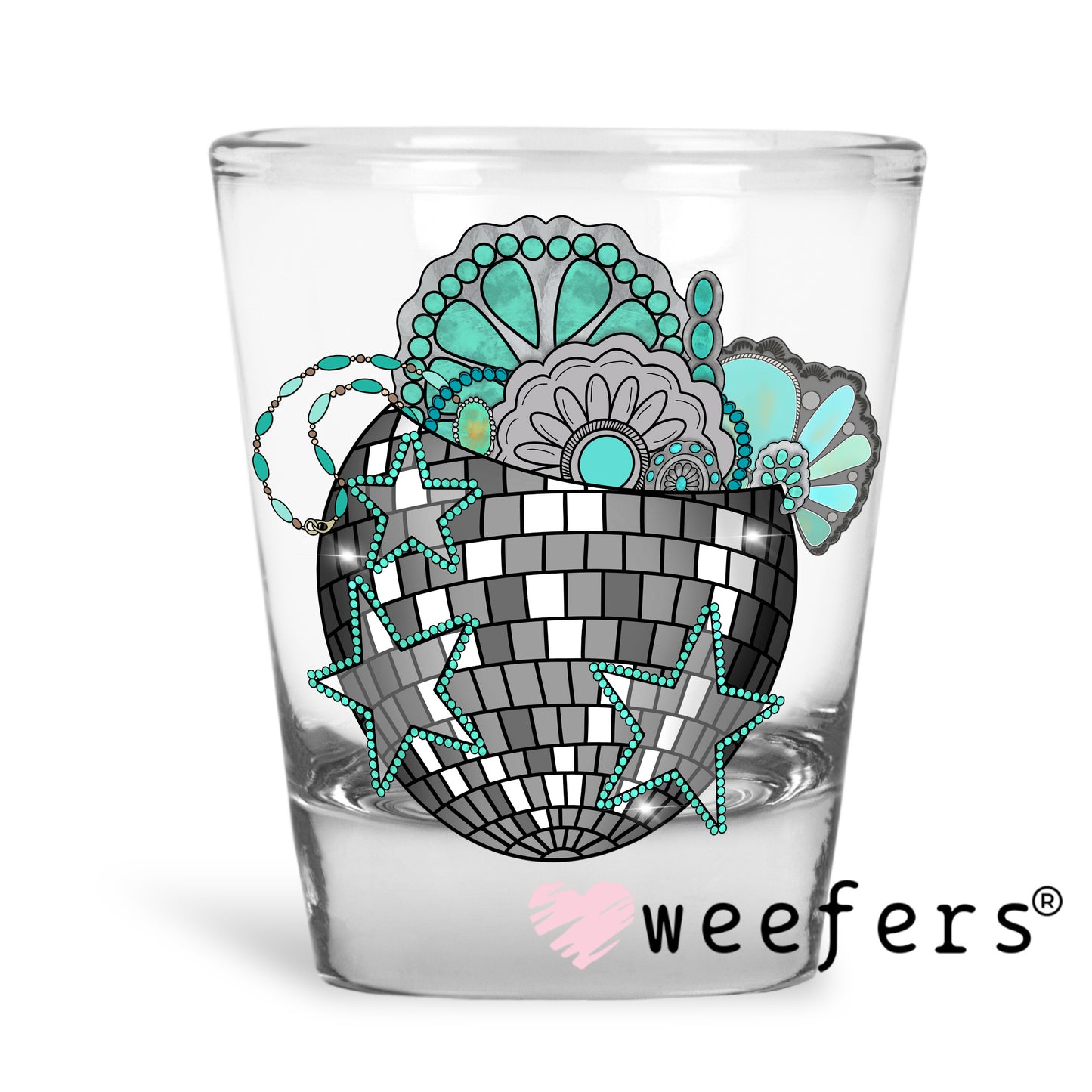 Disco Turquoise Jewels UV DTF Decal Shot Glass Heavy Base Weefers