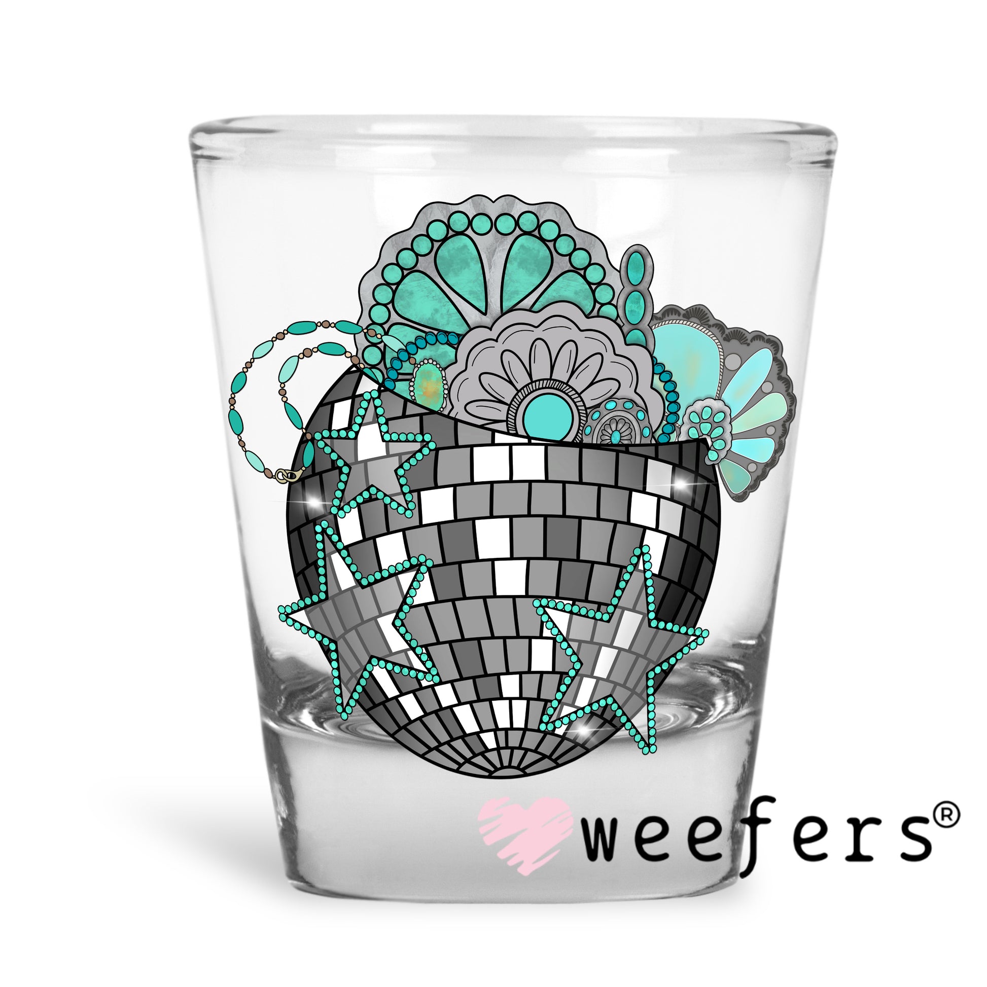 Disco Turquoise Jewels UV DTF Decal Shot Glass Heavy Base Weefers