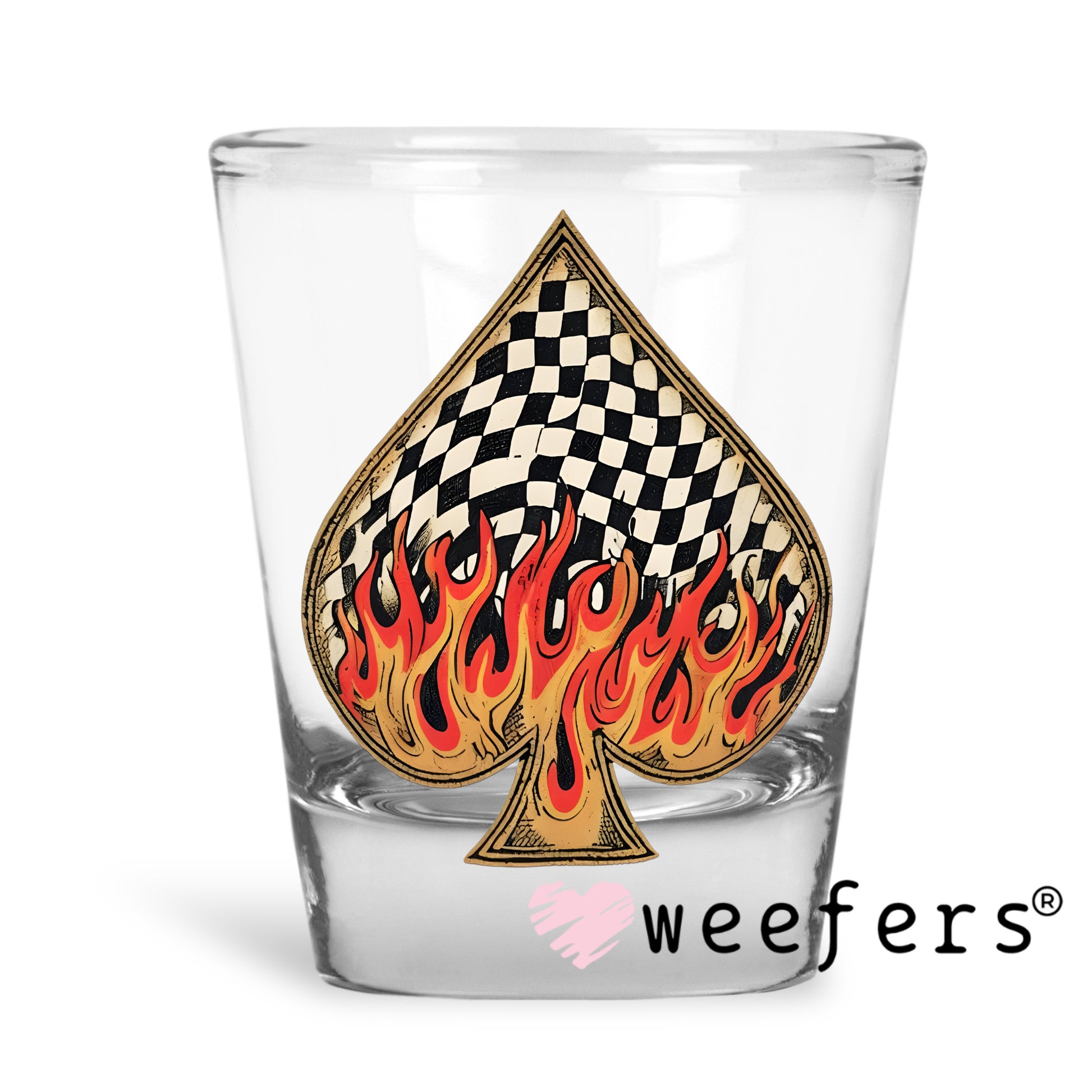 Fire Flames Black Checkered Spade UV DTF Decal Shot Glass Heavy Base Weefers