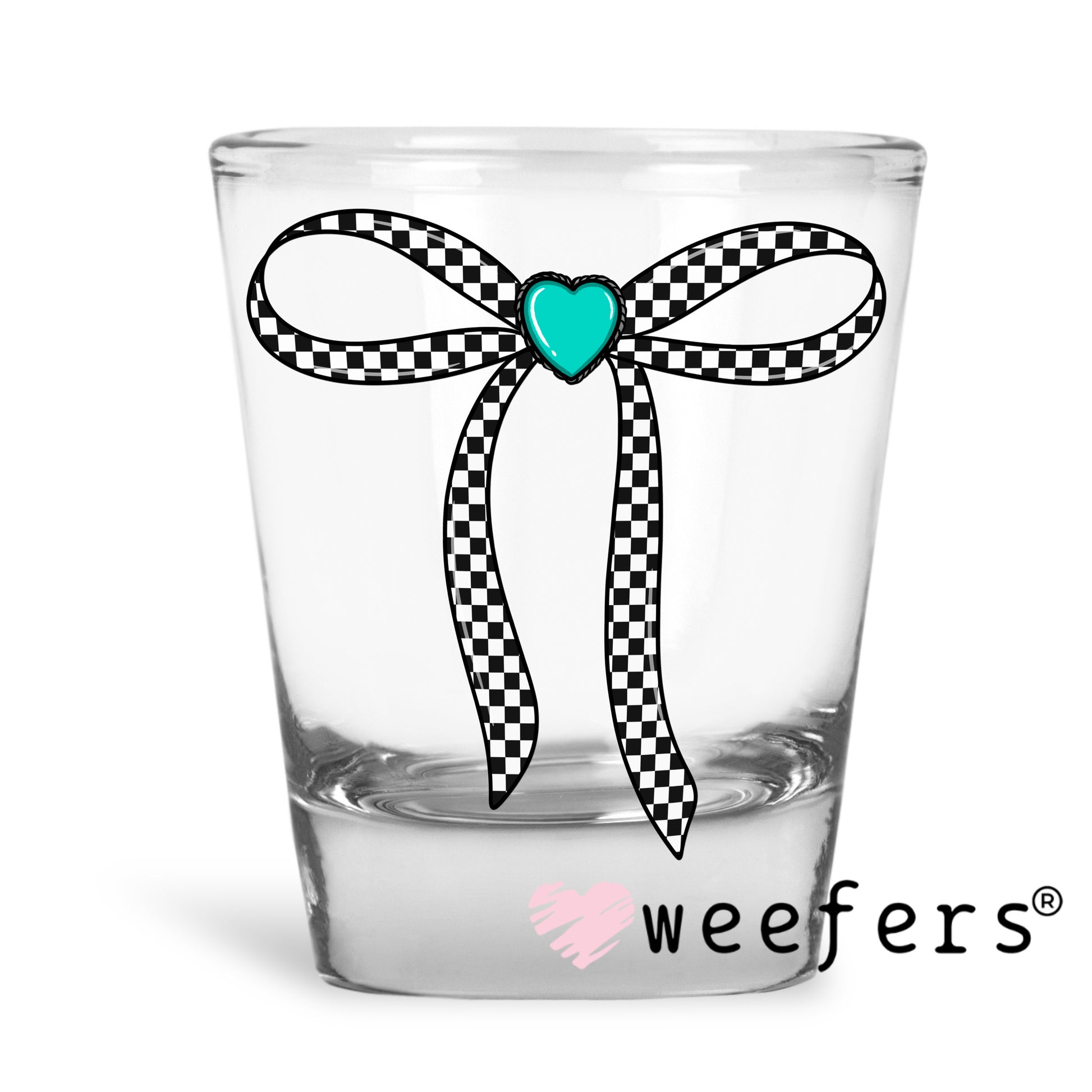 Black Checkered Bow Turquoise Heart UV DTF Decal Shot Glass Heavy Base Weefers