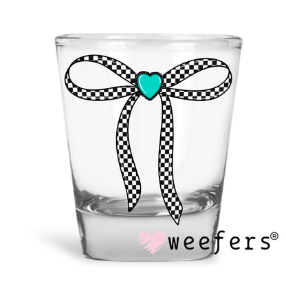Black Checkered Bow Turquoise Heart UV DTF Decal Shot Glass Heavy Base Weefers