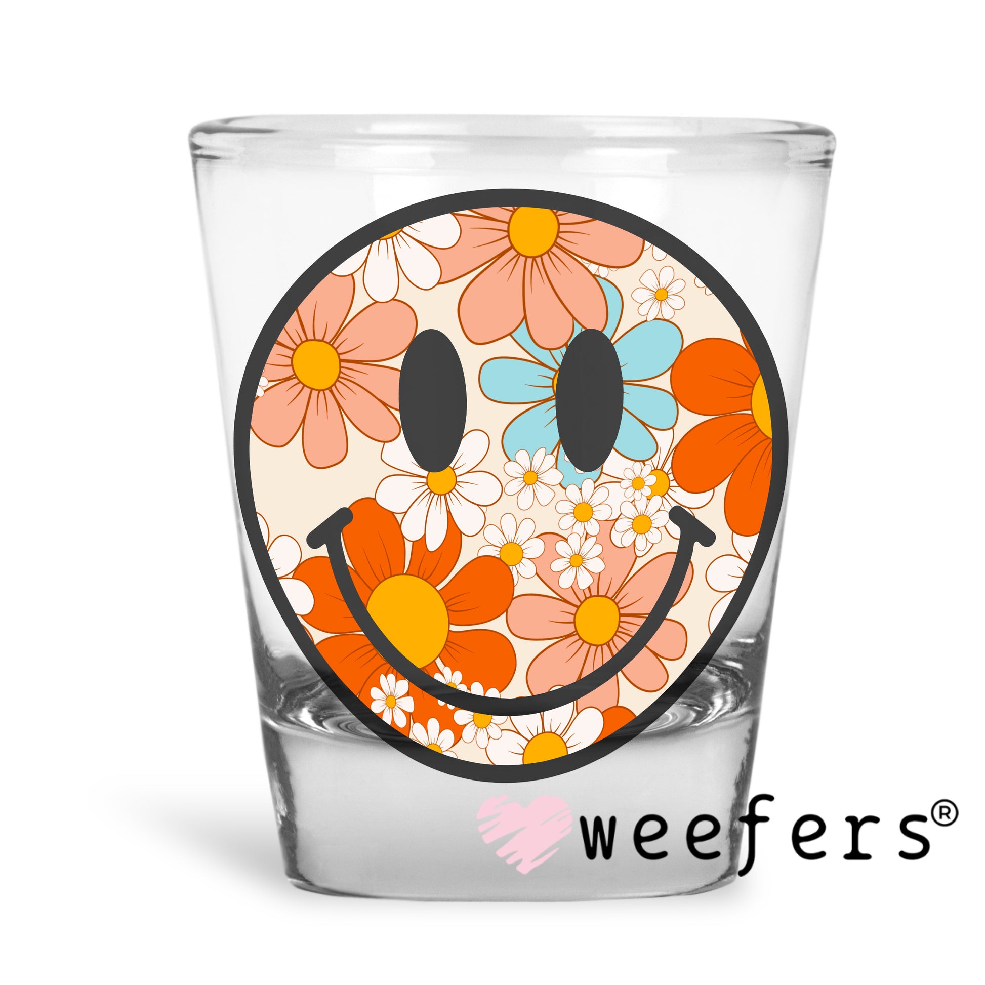 Retro Flowers Smile Face UV DTF Decal Shot Glass Heavy Base Weefers
