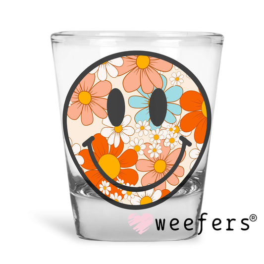 Retro Flowers Smile Face UV DTF Decal Shot Glass Heavy Base Weefers