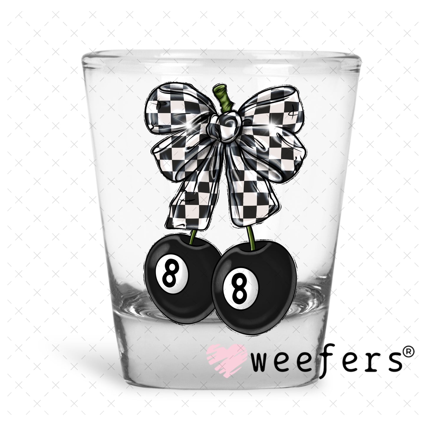 Black and White Checkered Bow Eightball UV DTF Decal Shot Glass Heavy Base Weefers