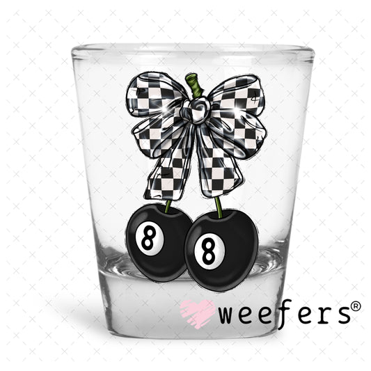 Black and White Checkered Bow Eightball UV DTF Decal Shot Glass Heavy Base Weefers