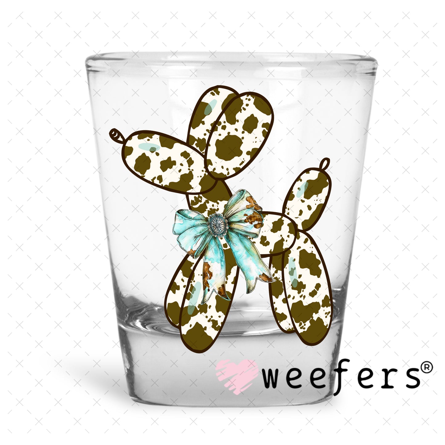 Brown Cow Print Balloon Dog UV DTF Decal Shot Glass Heavy Base Weefers