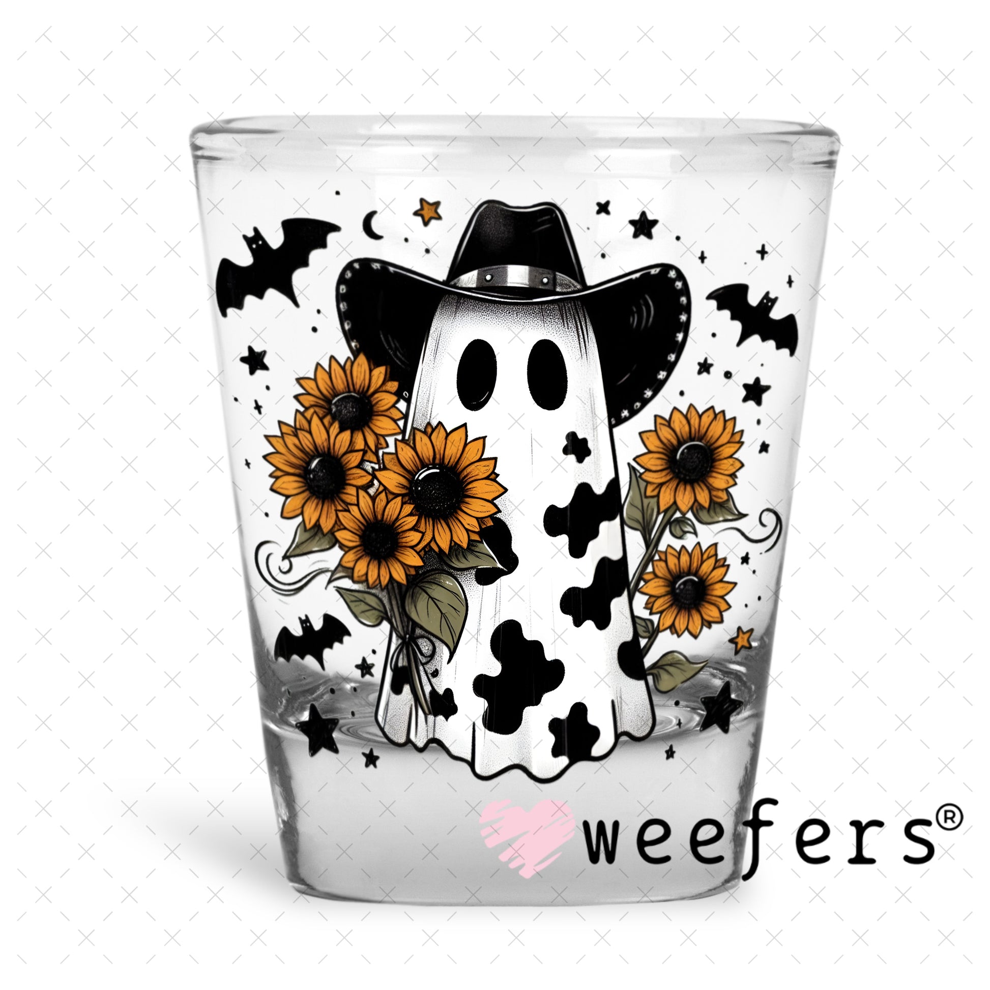 Cow Print Ghost Sunflowers Halloween UV DTF Decal Shot Glass Heavy Base Weefers