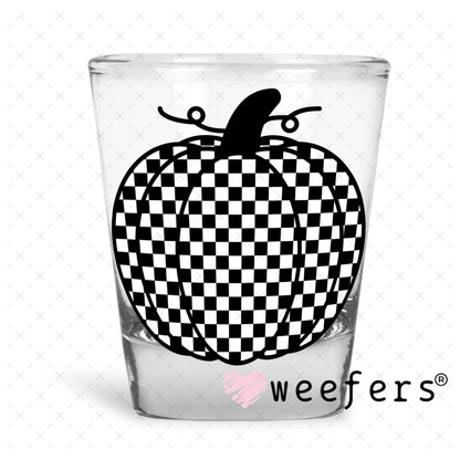 Black and White Checkered Pumpkin UV DTF Decal Shot Glass Heavy Base Weefers