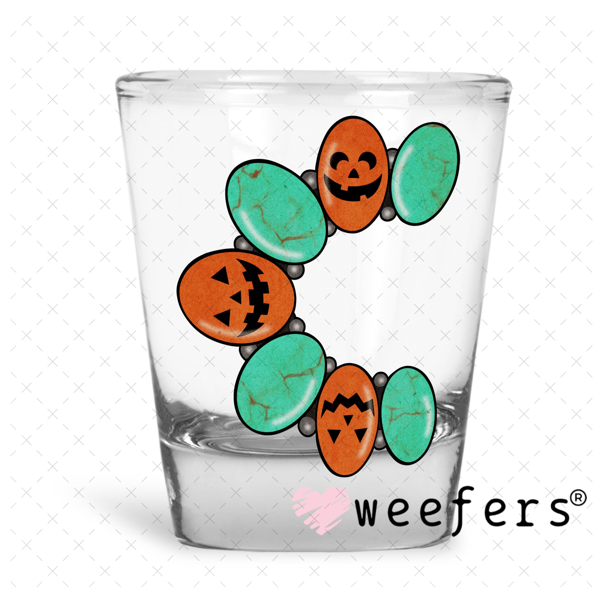 Turquoise and Jack-o-Lantern Bracelet UV DTF Decal Shot Glass Heavy Base Weefers