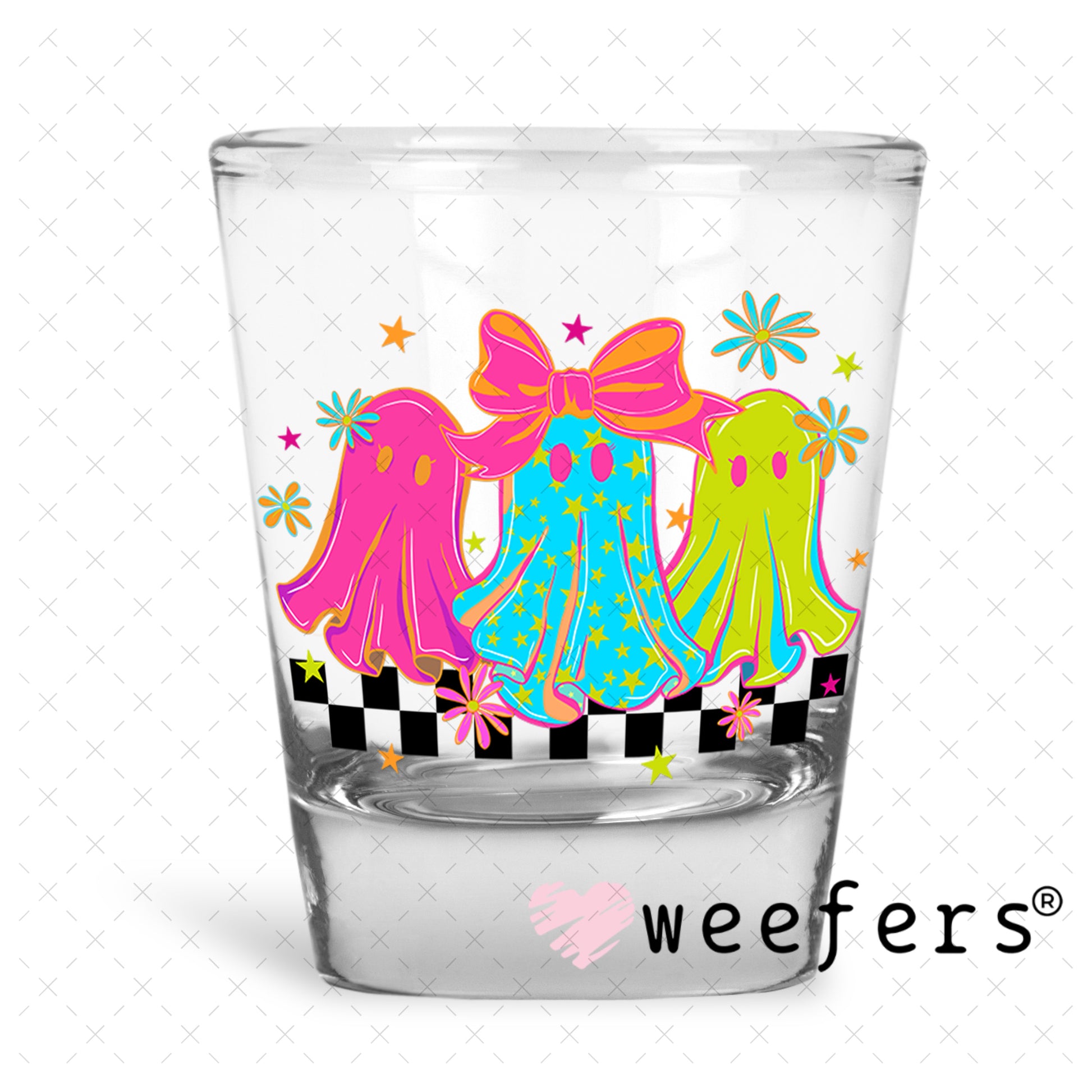 Magenta Teal and Green Girlie Ghosts UV DTF Decal Shot Glass Heavy Base Weefers