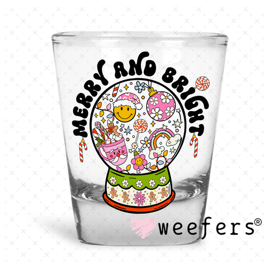 Merry and Bright Christmas Snow Globe UV DTF Decal Shot Glass Heavy Base Weefers