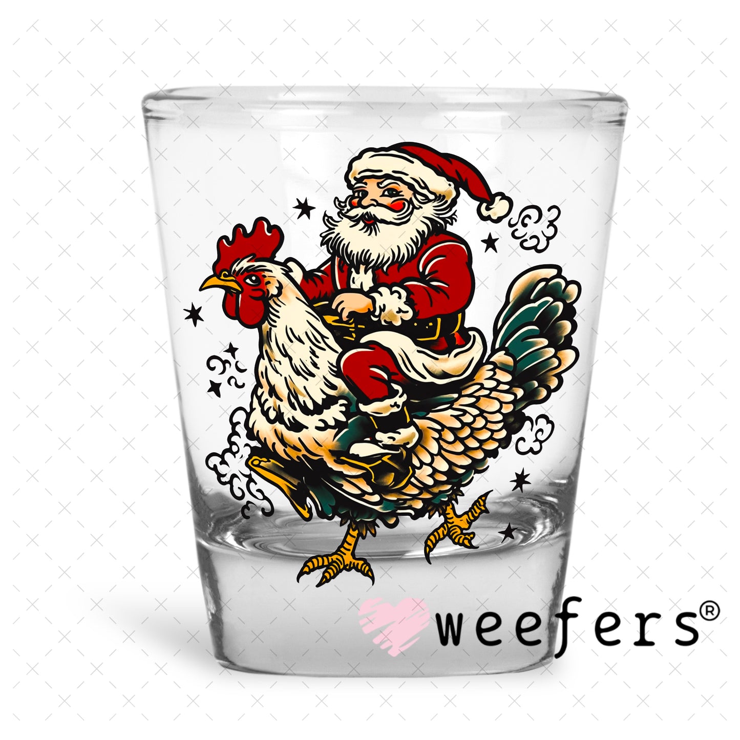 Santa Riding a Rooster UV DTF Decal Shot Glass Heavy Base Weefers