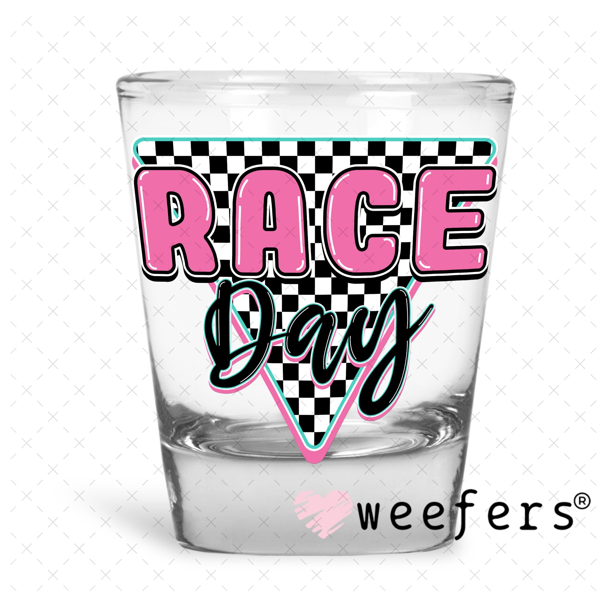 Race Day Pink Black UV DTF Decal Shot Glass Heavy Base Weefers