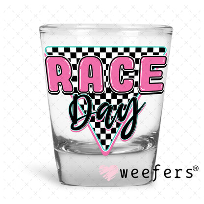 Race Day Pink Black UV DTF Decal Shot Glass Heavy Base Weefers