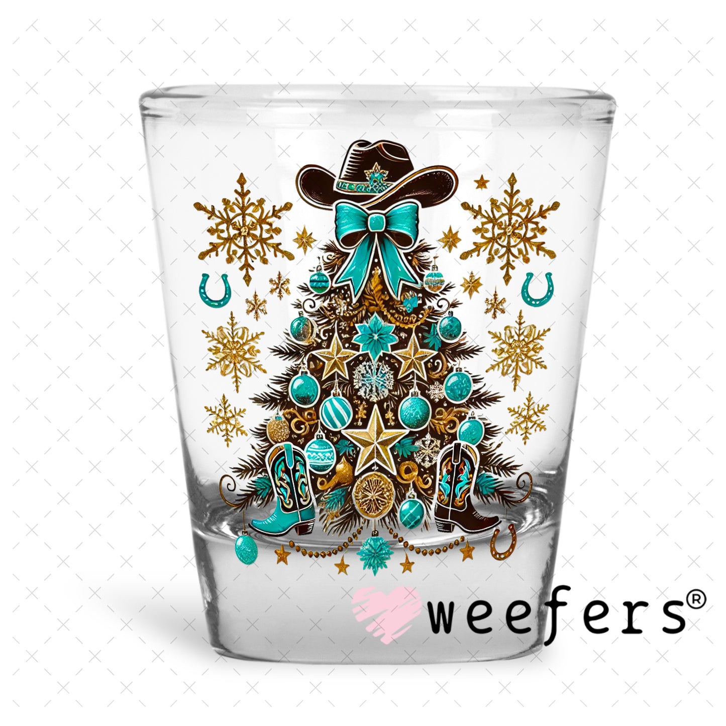 Western Christmas Tree Gold Turquoise UV DTF Decal Shot Glass Heavy Base Weefers