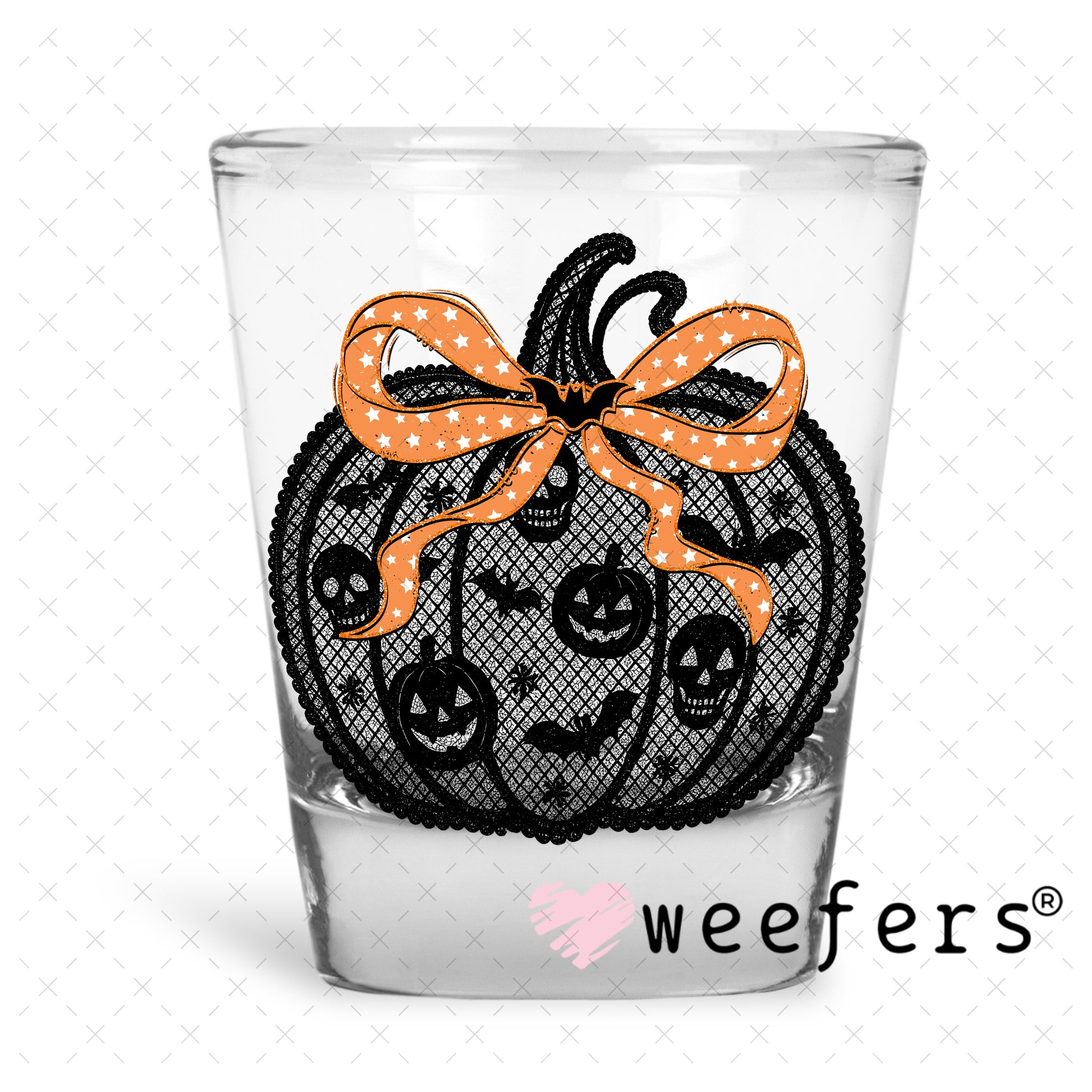 Black Lace Pumpkin Orange Bow UV DTF Decal Shot Glass Heavy Base Weefers