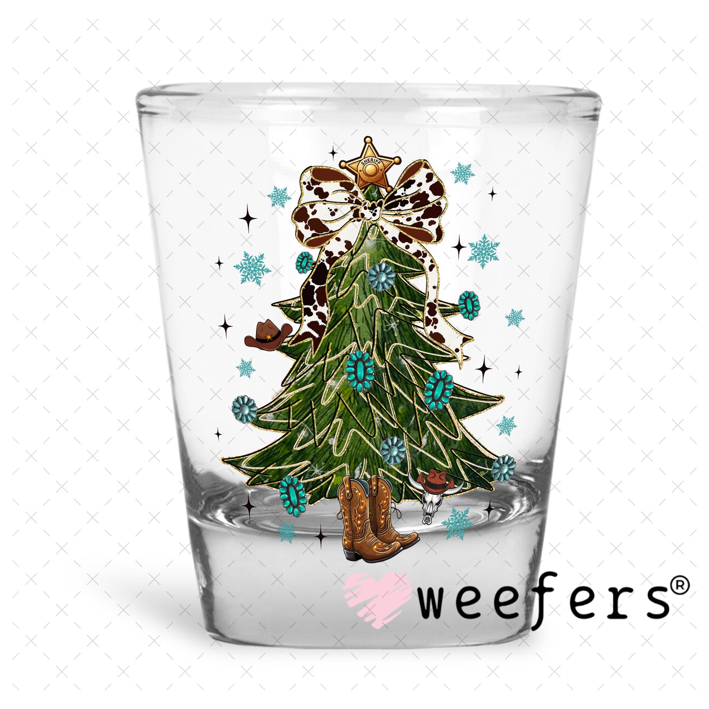 Western Christmas Tree Cowboy Boot Stump UV DTF Decal Shot Glass Heavy Base Weefers