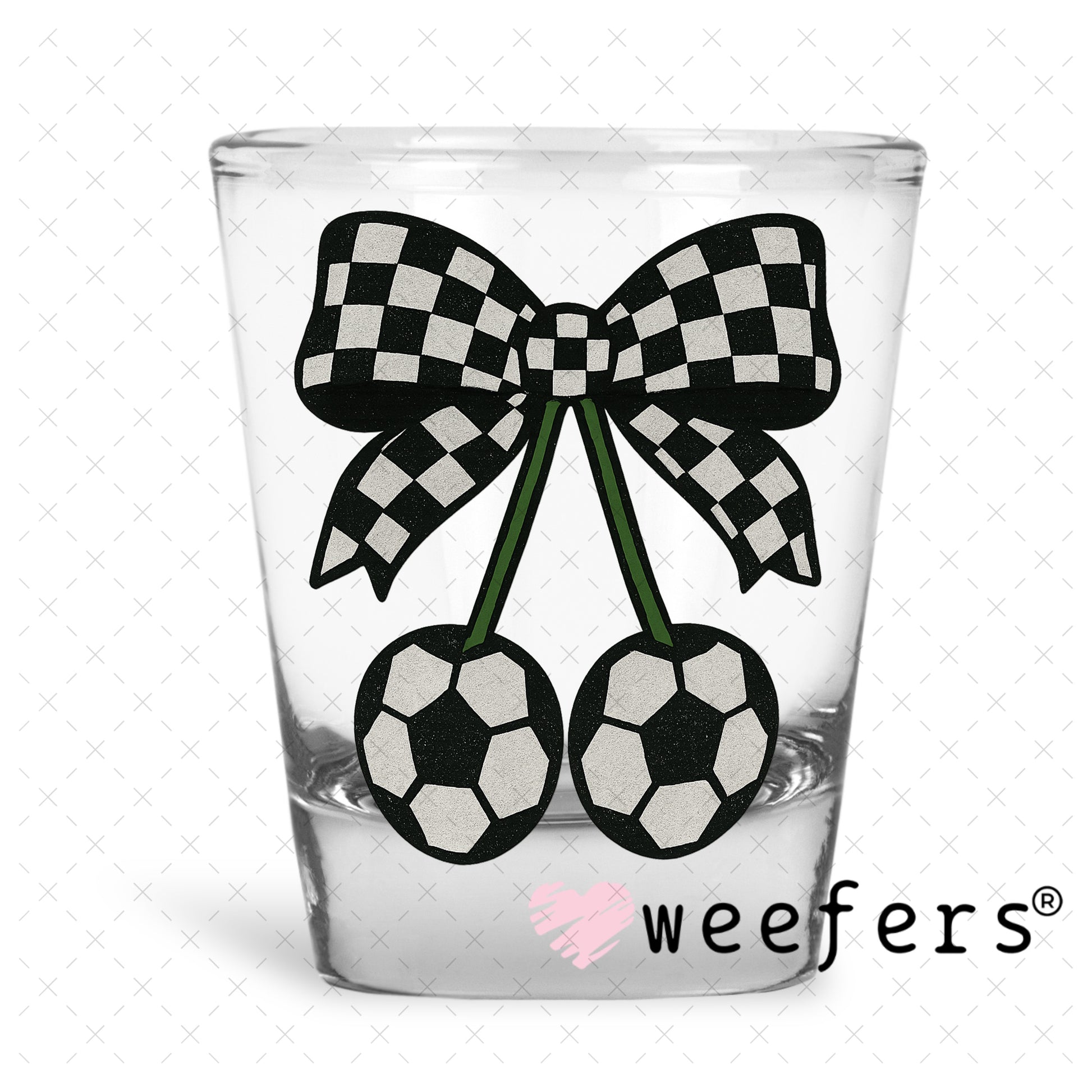 Soccer Cherry Checkered Bow UV DTF Decal Shot Glass Heavy Base Weefers