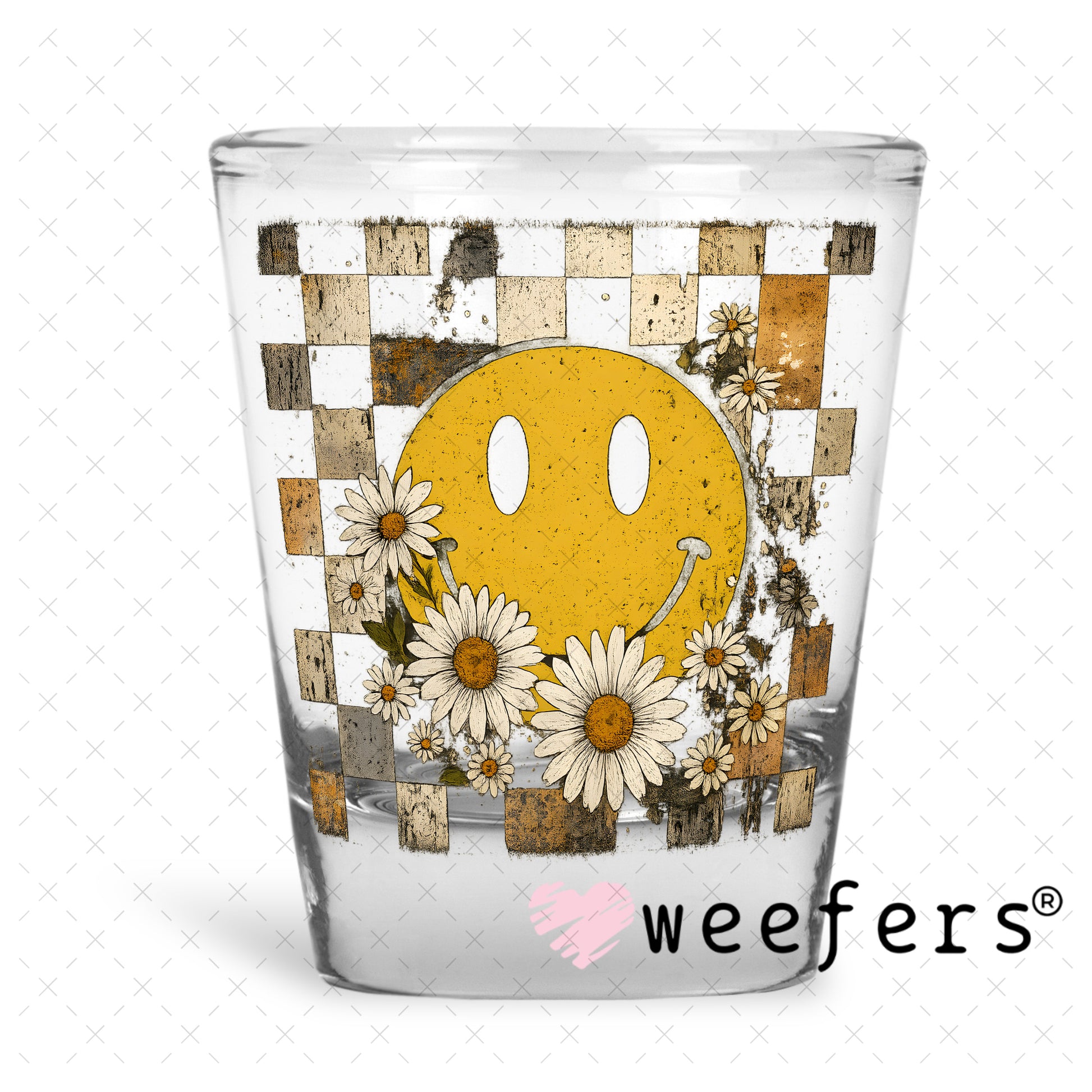 Smile Face Grunge Blocks Flowers UV DTF Decal Shot Glass Heavy Base Weefers