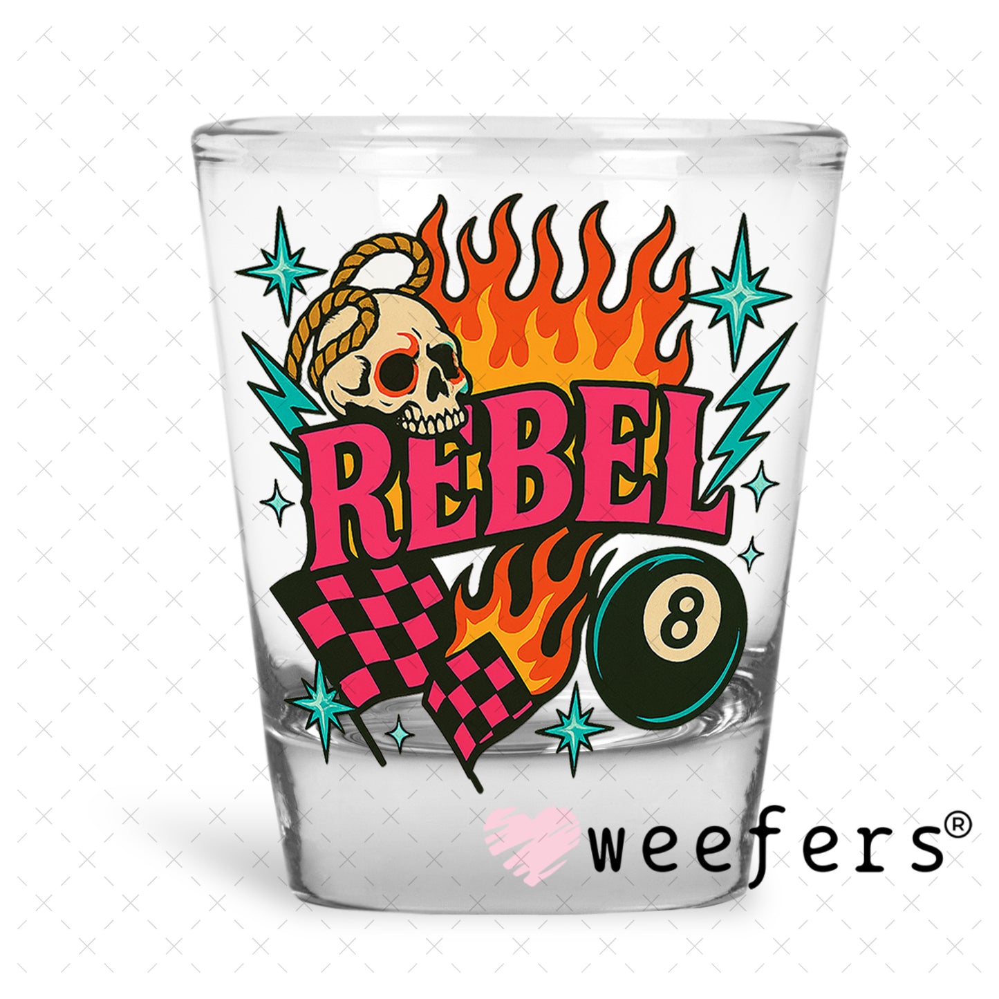UV DTF Decal - Rebel Flames and Eightball Shot Glass Heavy Base Weefers